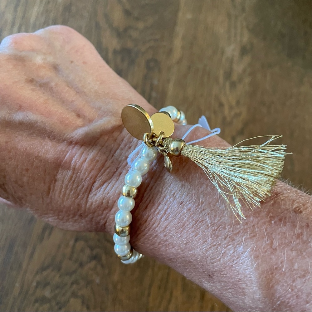 J Crew Pearl Gold Balls Stretch Tassel Bracelet